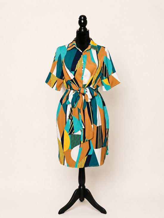 Gracia Dresses & Skirts - GRACIA Shirt Dress Womens Small Multicolor D31230 Abstract Geometric Tie Waist